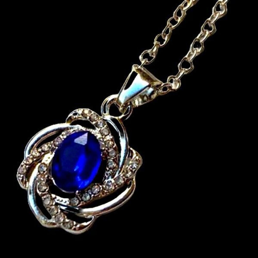 Sapphire Blue Pendant Necklace in Silver Tone September Birthstone